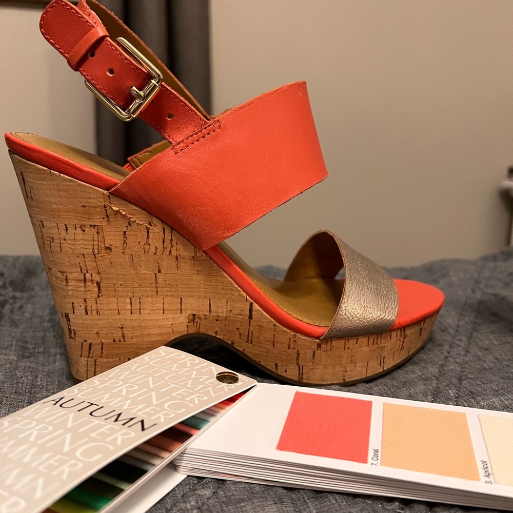 Franco Sarto Orange and Gold Wedge Sandals with Cork Heel